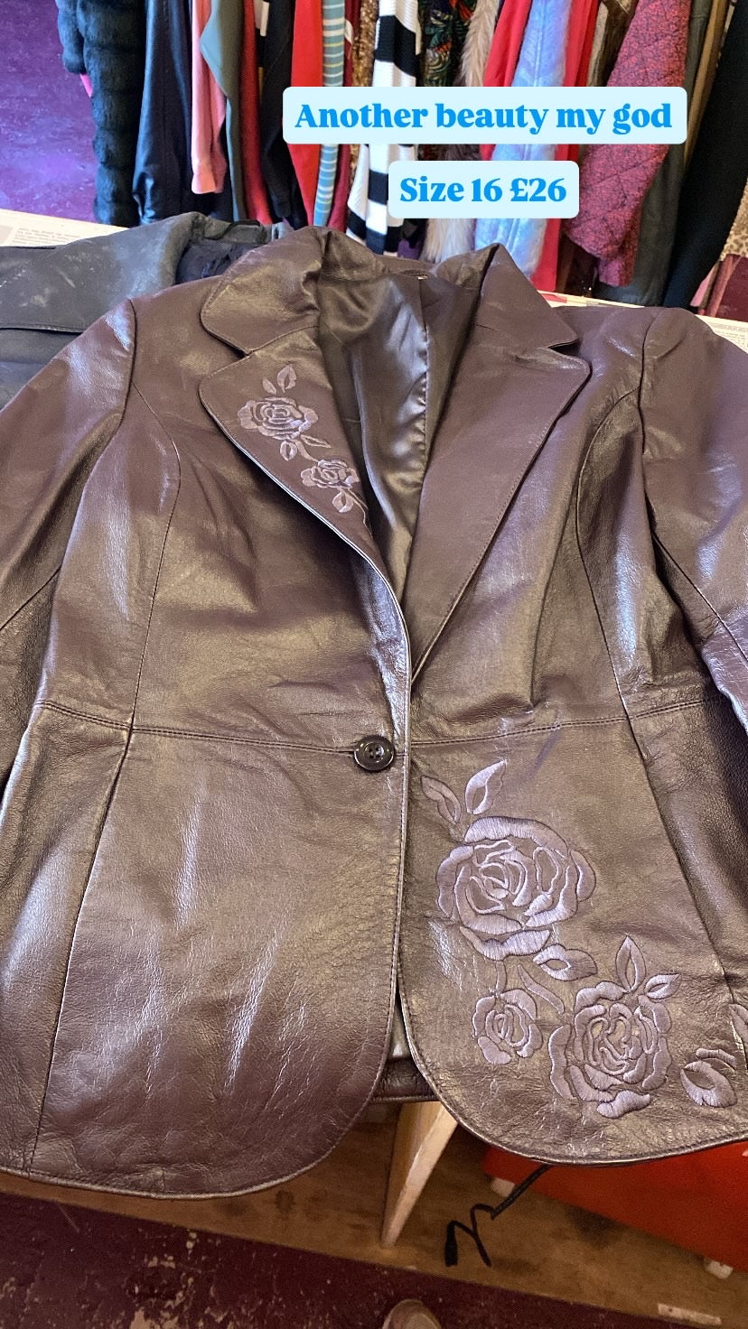 Rose embroidered leather jacket Size 16
