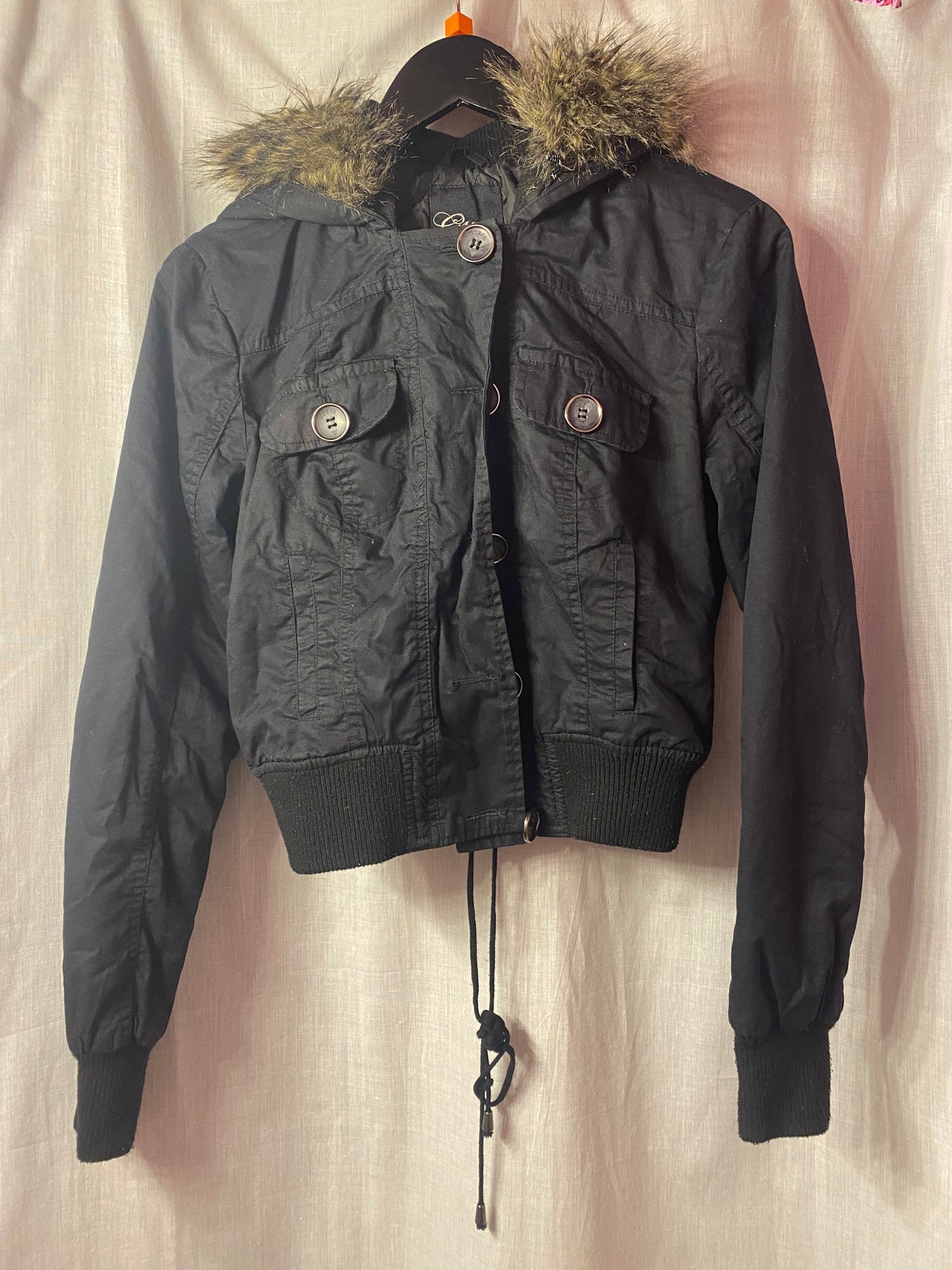 Guess button up cropped bomber coat with tie-up back Size M