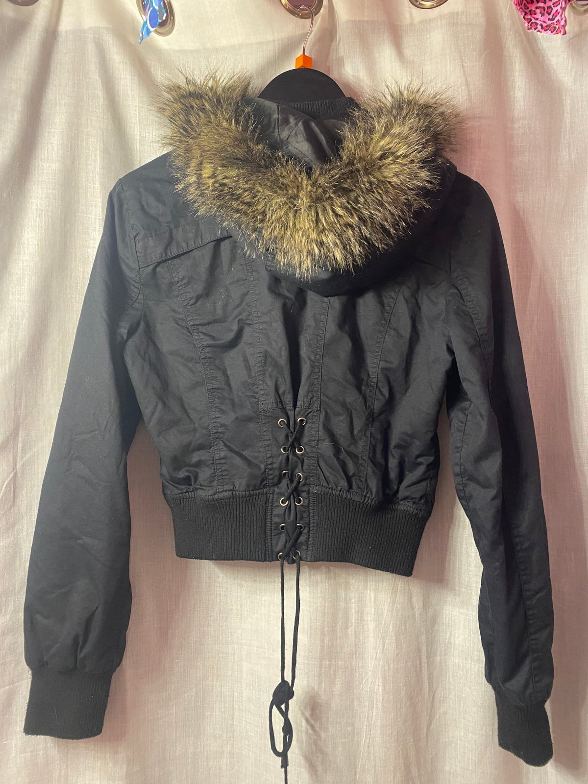 Guess button up cropped bomber coat with tie-up back Size M