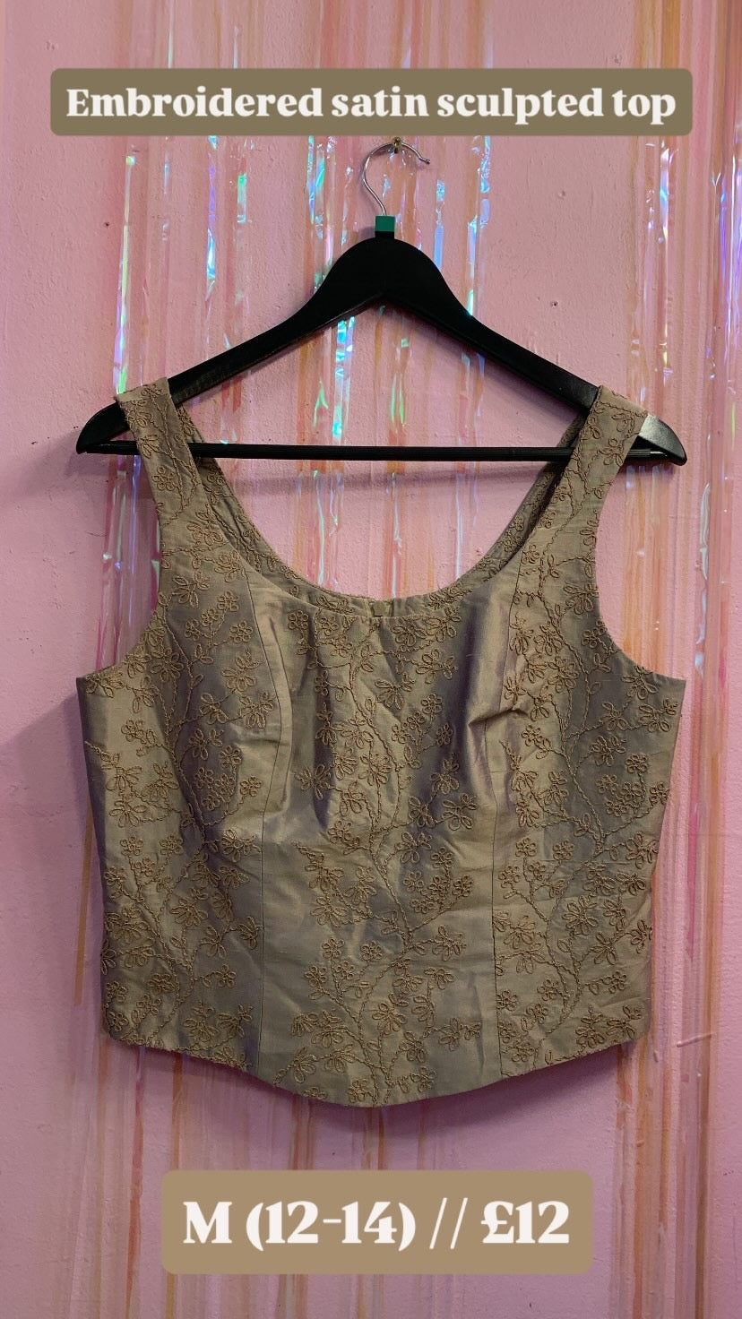 Satin embroidered sculpted top