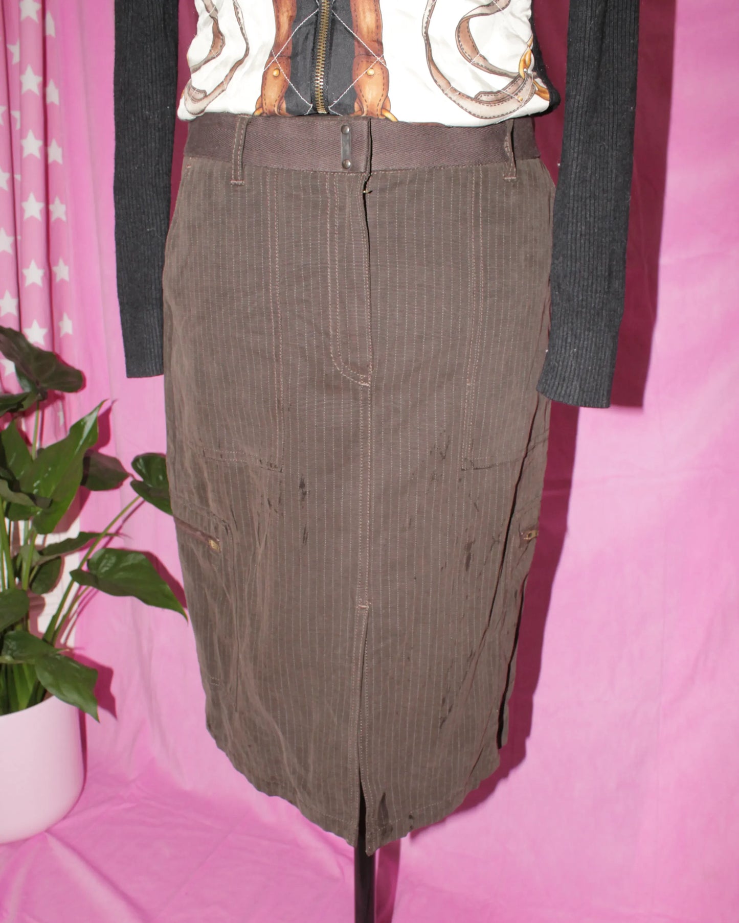 Brown Henry Cotton Pinstripe Denim Skirt- Size S