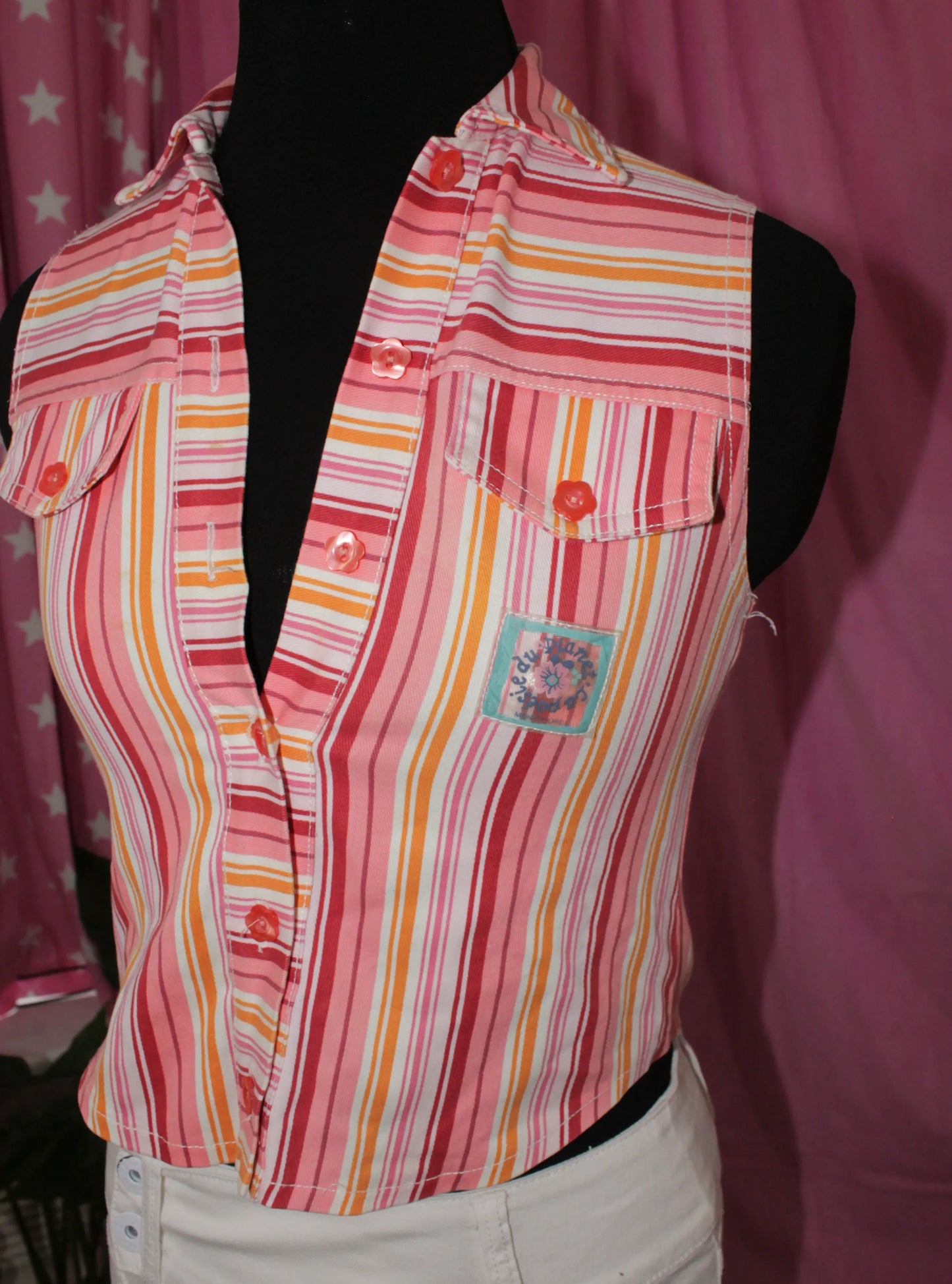 Striped Denim Top Y2K - Size XS