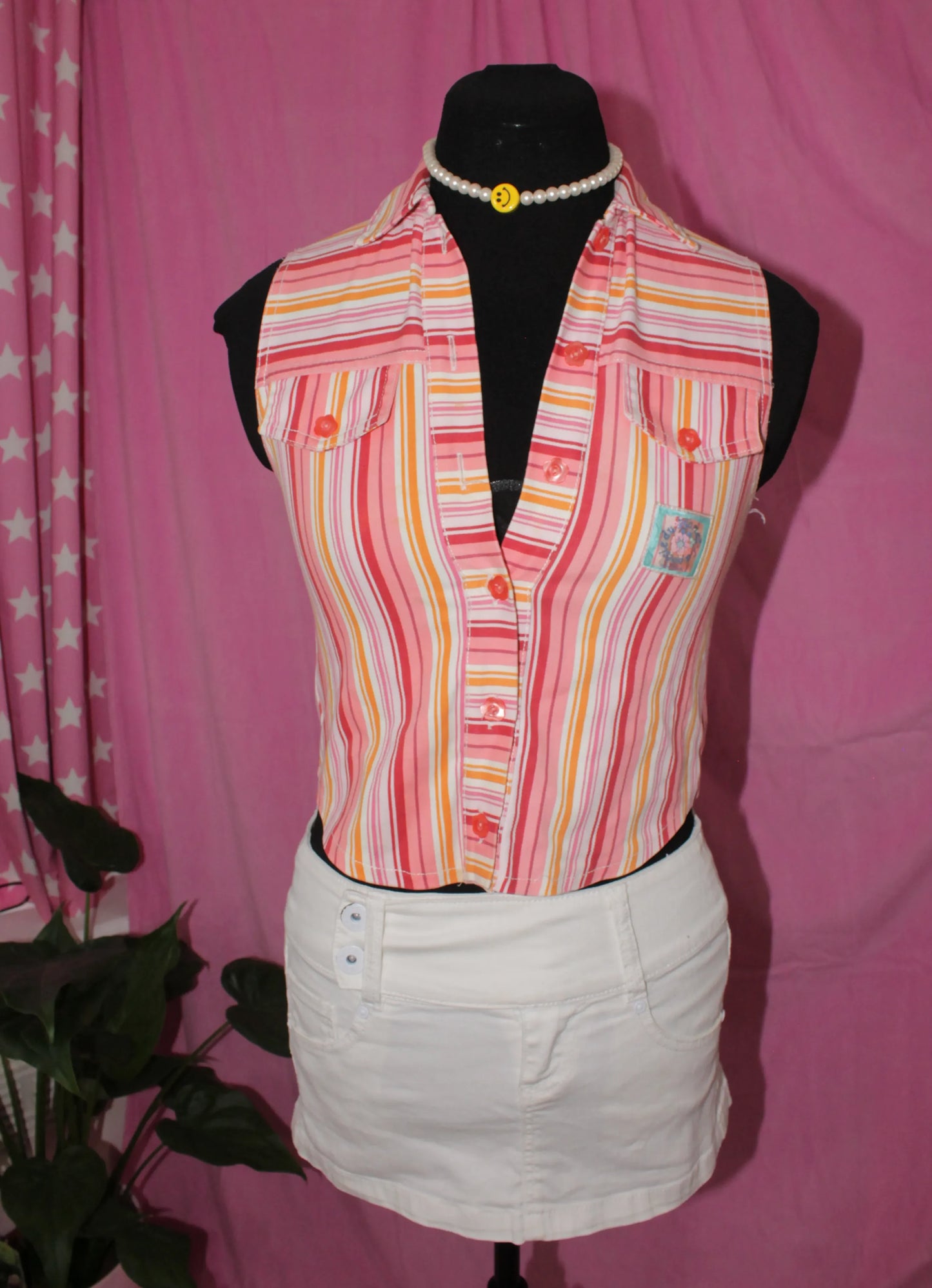 Striped Denim Top Y2K - Size XS