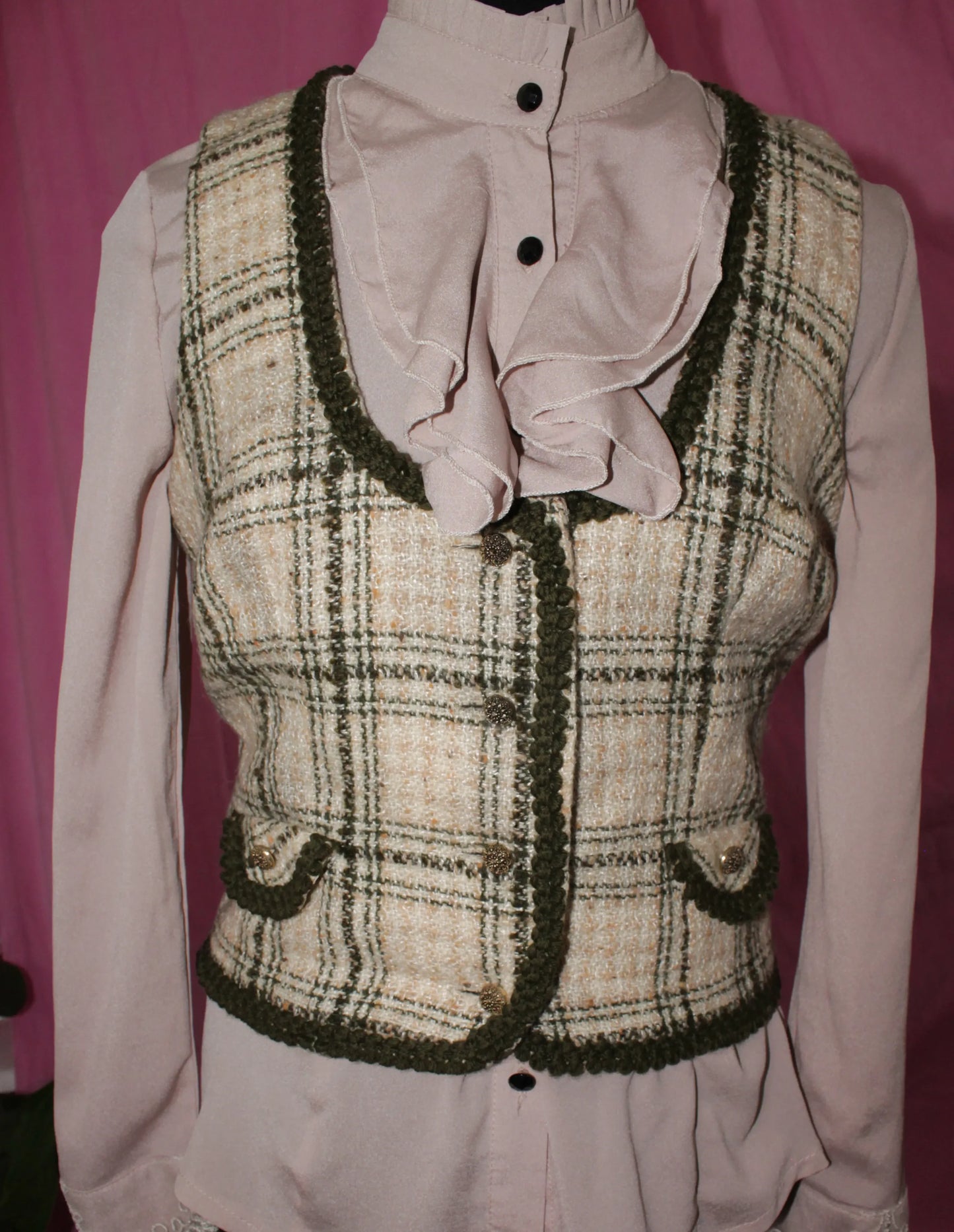 Green and Beige Vintage Tweed Vest - Size S/M