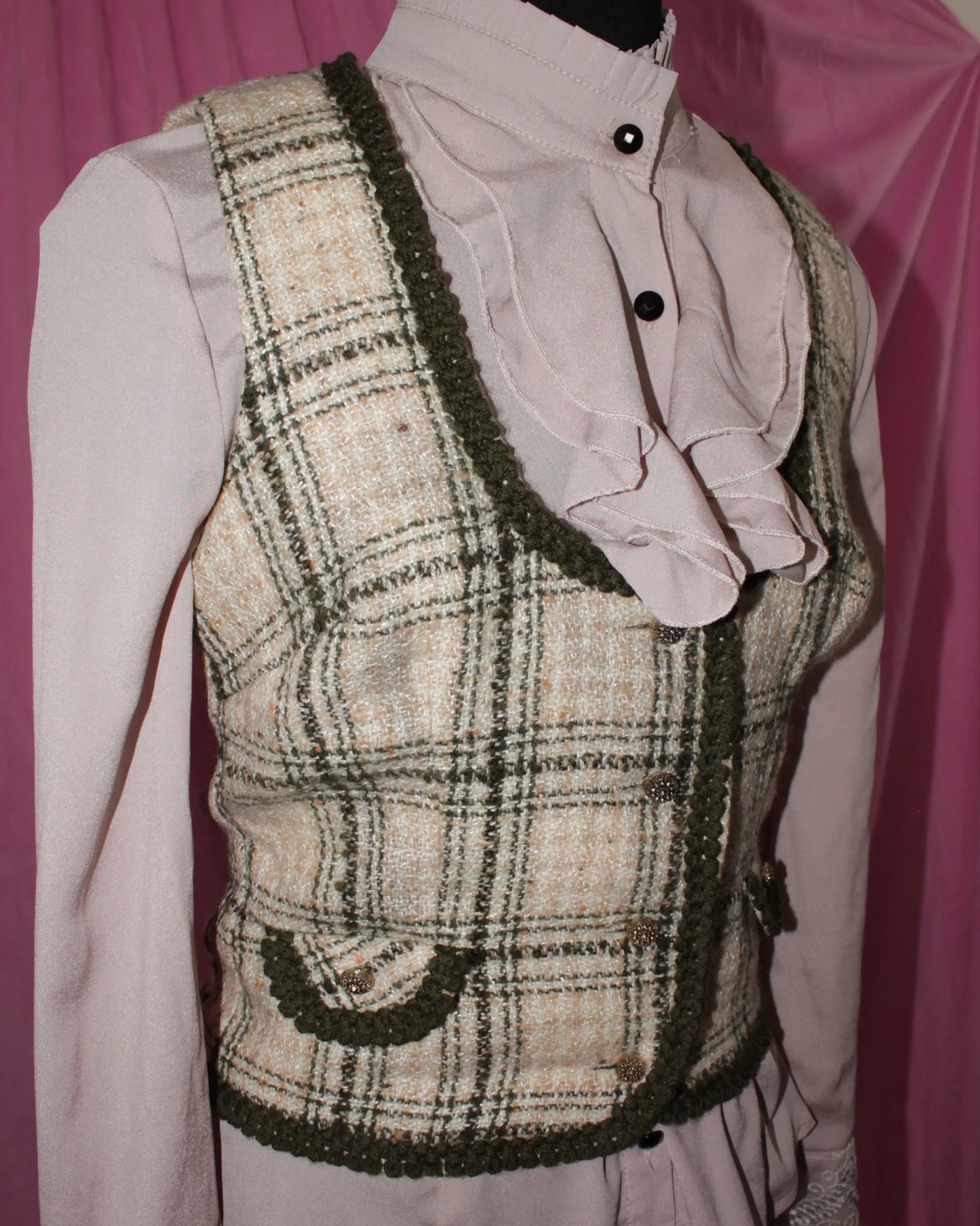 Green and Beige Vintage Tweed Vest - Size S/M