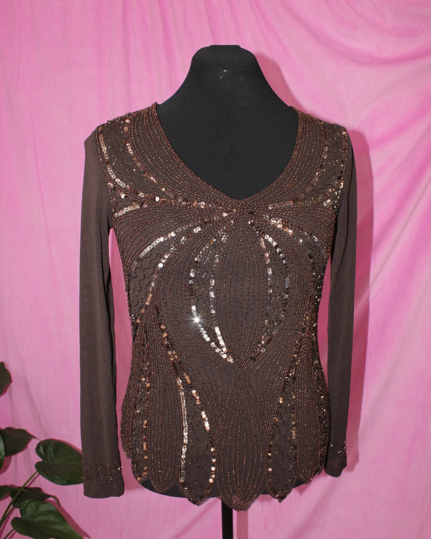 Brown Long Sleeve Sequin Top- Size M 12