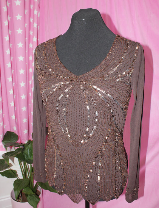 Brown Long Sleeve Sequin Top- Size M 12