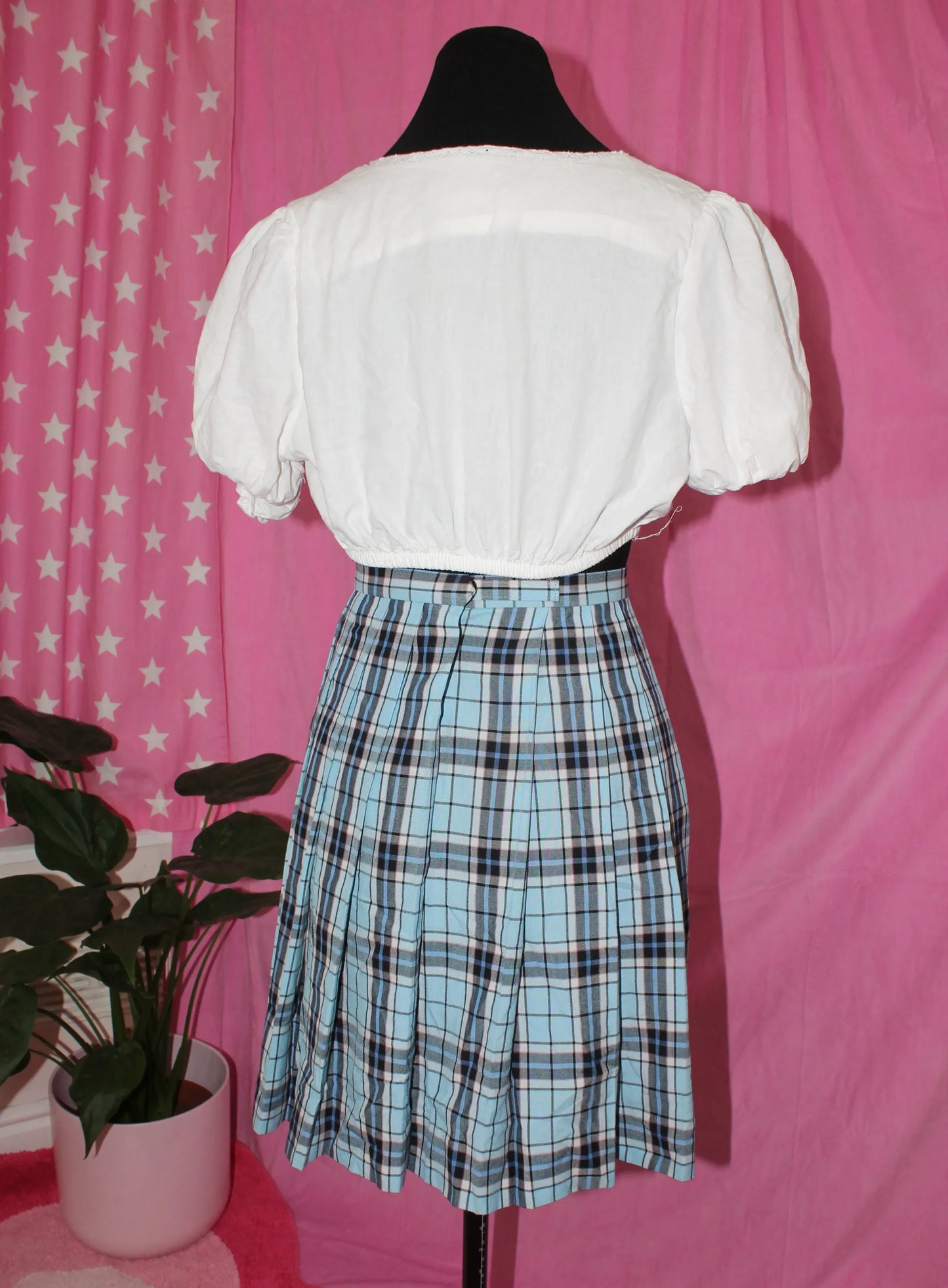 Blue Plaid Pleated School Skirt- Size S