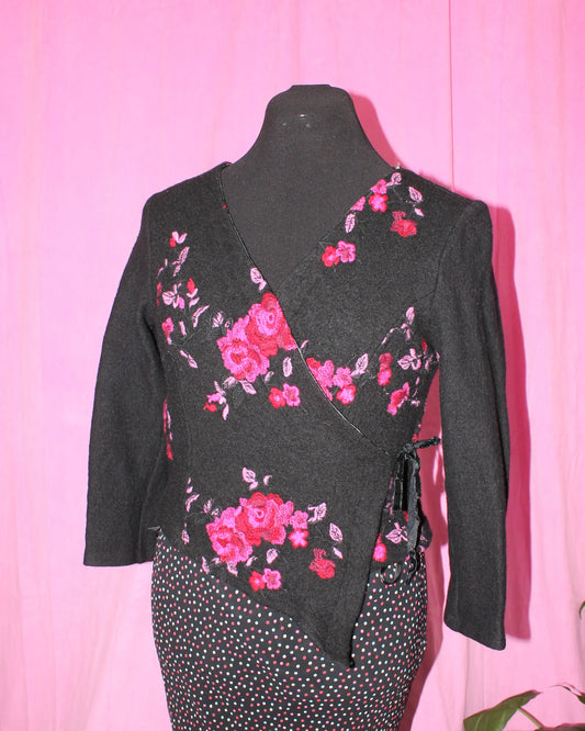 Vintage | Cardigan | Black Embroidered Wrap | Size M